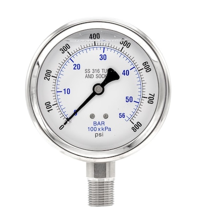 4 In Dial, 0/800 PSI & Bar, 1/2 In NPT, Lower Mount Glycerin Filled Pressure Gauge